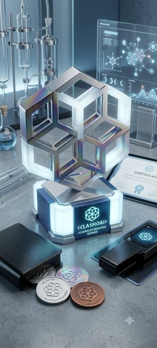 Futuristic digital illustration of a ChromeOS Awards Winner trophy in the shape of a hexagonal logo, displayed on a glowing pedestal in a high-tech laboratory setting with coins and certificates.
