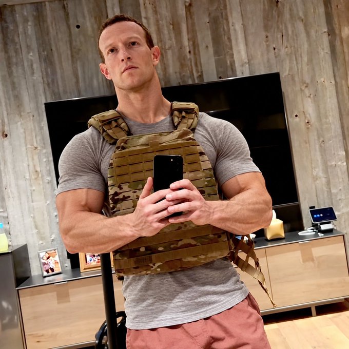A muscular man takes a mirror selfie while wearing a tactical plate carrier over a gray t-shirt, with a large TV mounted on a wooden wall visible in the background. The post appears to celebrate him as a "based" figure willing to fight for personal superintelligence against AI industry elites, with the tactical gear symbolizing a readiness to defend this stance.