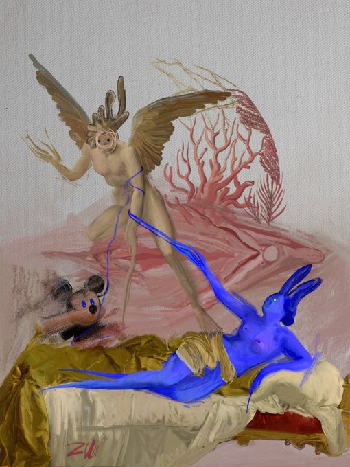 The image appears to be an imaginative and surrealist composition that combines elements of fantasy and perhaps a narrative or symbolic significance, especially with the initials "GM" provided in the accompanying post. It may relate to the biblical figure of Gabriel, who is often referred to as a messenger from God, considering the angelic characteristics of the central figure and the surreal attributes that could symbolize a message or voice from above. The juxtaposition of various figures and styles might suggest a dream-like scenario or a commentary on mythology and modern art.