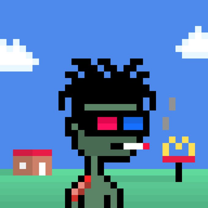 A pixel art illustration features a figure with an afro wearing 3D glasses and smoking a cigarette, standing in a green field with a small house and a yellow Mario-style mushroom under a blue sky with white clouds.