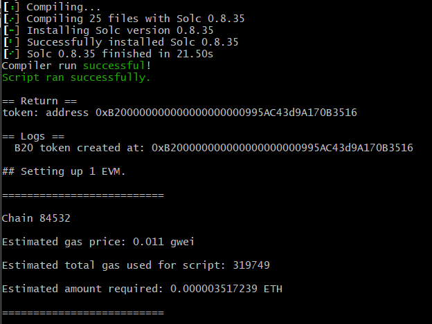 A screenshot of a computer screen with text displaying information about a token, including that it has been successfully deployed. The text also contains an estimate for the value of the tokenized asset being used at this time, which could be related to gas pricing or other financial data depending on the context.