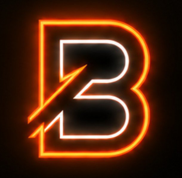 A glowing neon-style logo featuring the letter 'B' with an upward-pointing arrow integrated into its design, rendered in orange and white against a dark background.