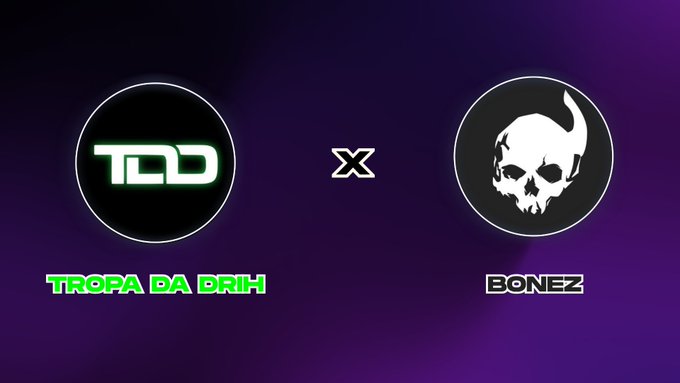 A graphic showing two circular logos: "TDD" labeled "TROPA DA BRIH" and a skull labeled "BONEZ", with an "X" between them.