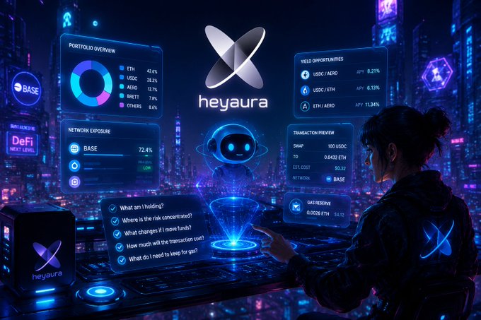 A futuristic crypto dashboard interface displaying 'heyaura' branding with sections for portfolio overview, yield opportunities, transaction preview, and gas reserve, alongside an AI assistant hologram.