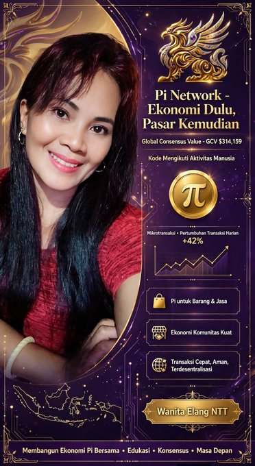 The image features a smiling Indonesian woman identified as "Wanita Elang NTT," alongside a promotional infographic about Pi Network with text highlighting its Global Consensus Value (GCV) of $314,159, a Pi cryptocurrency coin, and benefits like purchasing goods/services and decentralized transactions. The graphic reinforces the post's message by visually showcasing Pi Network's economic vision and community-driven value through the GCV concept and ecosystem features.