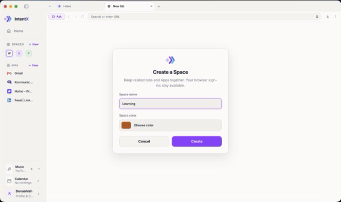 Screenshot of the IntentX browser interface showing a 'Create a Space' dialog box with the space name 'Learning' entered and a color option selected.