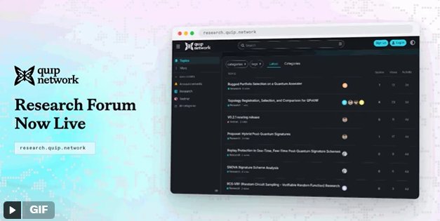 Promotional graphic for "quip network" announcing that their "Research Forum Now Live" is accessible at research.quip.network, featuring a screenshot of the dark-themed forum interface displaying various research categories and posts.