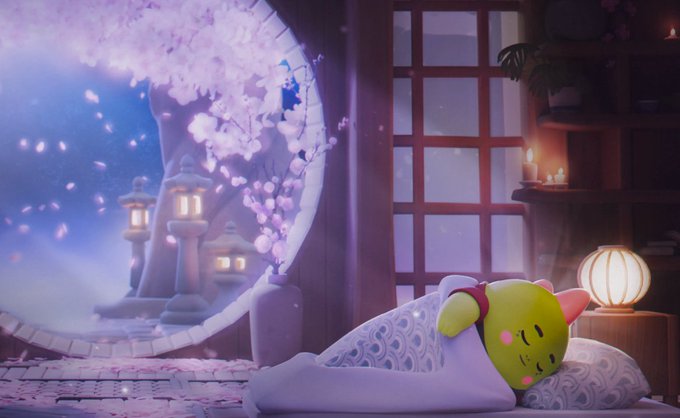 A green, cat-like character with small red horns sleeps tucked under a blanket by a circular window framed by cherry blossoms and glowing lanterns, while another figure peers in from outside. The scene visually reinforces the post's message about sleep deprivation and burnout, using the cozy, restful image of the sleeping creature to contrast with the late-night lifestyle the author is trying to escape — and promoting @sleepagotchi as the fix.