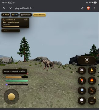 A screenshot from Wolf Fund's PlayWolf game shows a wolf character in a grassy landscape with a "20% Coupon: Connect Wallet" banner, alongside gameplay stats and a level 3 character at 8.8% progress. The image illustrates the wolf skins mentioned in the post, which is promoting a discounted $wolffund token and free trial of new skins.