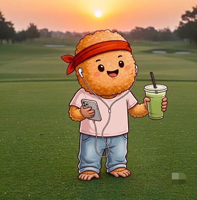 A cartoon illustration of a smiling, round, textured character wearing a red headband, pink shirt, and blue jeans, holding a phone and a green drink with a straw on a golf course.