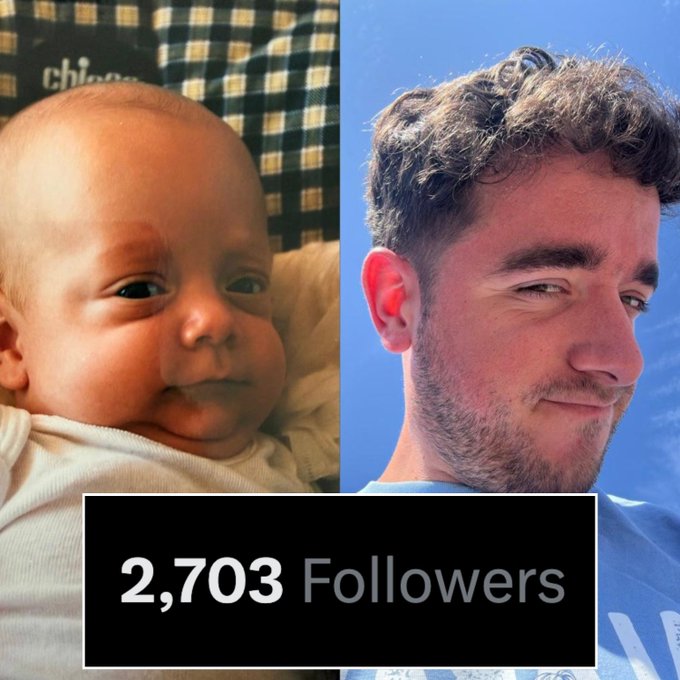 A split-image social media post showing a newborn baby on the left and a young man with curly hair on the right, displaying '2,703 Followers' as the account's follower count.