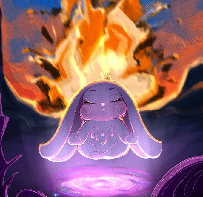 An illustrated cute purple bunny-like creature meditates in a lotus position on a glowing purple pad, with fiery orange and yellow flames billowing behind it against a dark blue background.