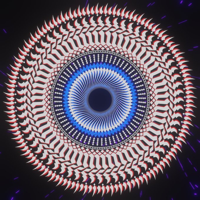 A psychedelic, kaleidoscopic circular pattern featuring a blue spiral center surrounded by red and white serrated edges against a black background.
