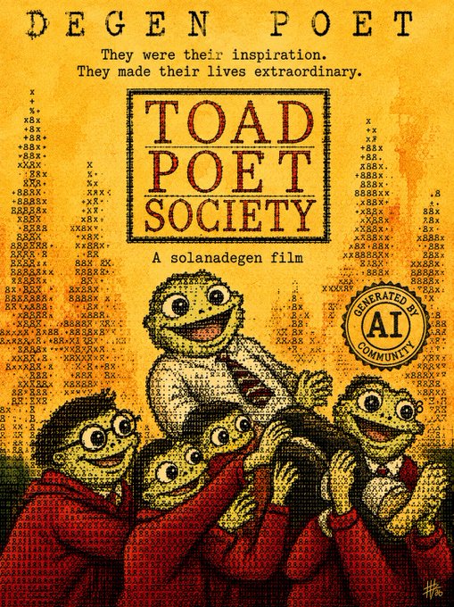 A vintage-style poster titled "DEGEN POET - TOAD POET SOCIETY - A solanadegen film" featuring AI-generated cartoon toad characters, with a "GENERATED BY AI COMMUNITY" badge.