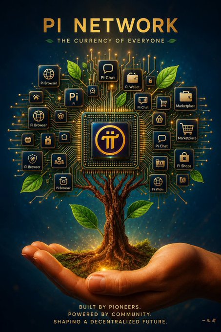 A hand cradles a glowing "PI Network" tree with the tagline "THE CURRENCY OF EVERYONE" and "BUILT BY PIONEERS. POWERED BY COMMUNITY. SHAPING A DECENTRALIZED FUTURE," surrounded by icons for Pi Browser, Pi Chat, Pi Wallet, and Marketplace—visually reinforcing the post's recommendation to invest in $PI crypto.