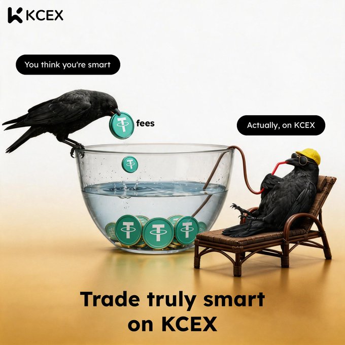 A KCEX advertisement featuring two crows, one dropping a coin labeled 'fees' into a bowl of water while another relaxes on a lounge chair, with text reading 'You think you're smart,' 'fees,' 'Actually, on KCEX,' and 'Trade truly smart on KCEX.'