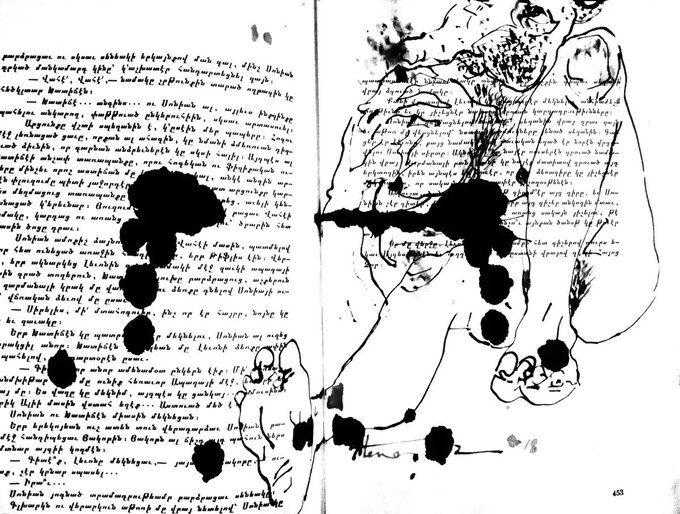 An open book with handwritten script in what appears to be Armenian, overlaid with abstract black ink splatters and a sketched figure on the right page.