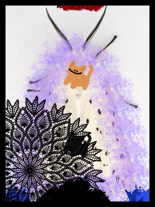 A mixed-media digital artwork featuring a smiling orange cat illustration layered over purple watercolor and intricate black lace-like patterns.