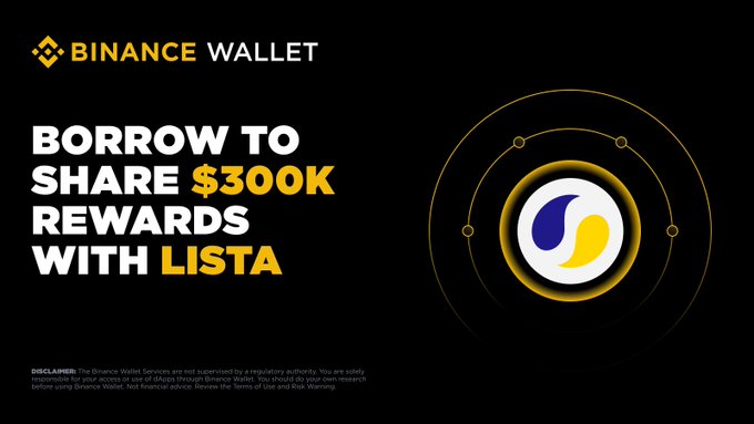 The image features a black background with white text. The main visual component of the image is a yellow circle with a blue and orange circle within, surrounded by dotted lines. In the center of this design, there's an icon that resembles a coin or a currency symbol, possibly related to the Bitcoin wallet mentioned in the post. Above this graphic, there's a caption written in white text that reads "borrow to share $300k rewards with Lista". This combination of visual and written elements helps provide more information about the Bitcoin wallet offer presented in the image.