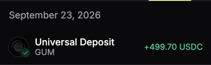 A transaction confirmation screen dated September 23, 2026, showing a 'Universal Deposit' of +499.70 USDC credited to the GUM wallet.
