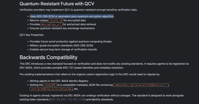 The image shows a screenshot of a website displaying information about Quantum Restant Future with QCV (Quantum Cryptographic Vector) as well as a link back to another webpage titled "Backwards compatibility" where you can find more details about the compatibility between the two technologies. The background color of the screen is dark gray, and there are several other images that might not be visible in the screenshot itself.