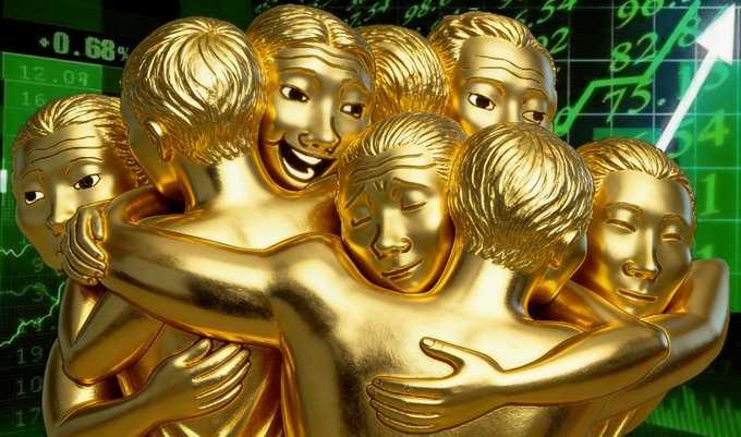 A cluster of golden Wojak figures embrace one another in unity, set against a green stock chart displaying numbers like "0.68," "98.06," and "54" with an upward trending arrow—visually symbolizing how Wojak-coded individuals become trusted and come together, mirroring the collaborative rise depicted in the market data behind them.