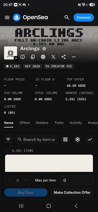 Screenshot of the OpenSea app displaying the 'Arclings' NFT collection page showing 6,283 items, 0% listed, with stats like floor price, 24h volume, and top offer of 48.50 USDC.