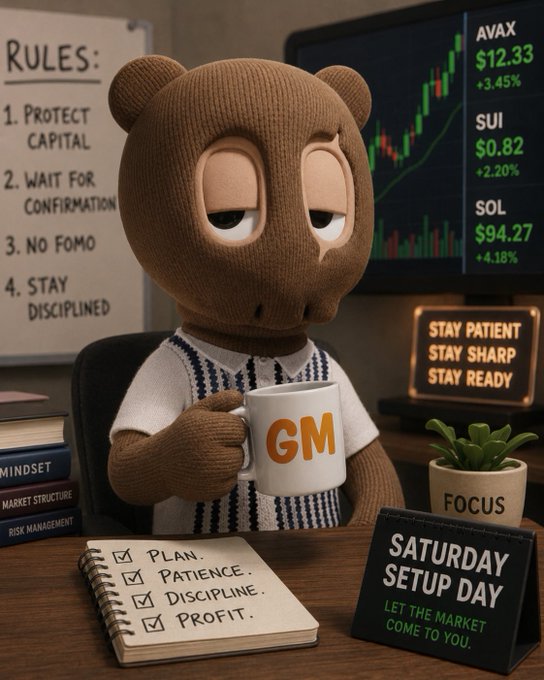 A 3D-rendered bear character holding a "GM" mug at a desk, with a rules board ("Protect Capital, Wait for Confirmation, No Fomo, Stay Disciplined") and ticker prices for AVAX, SUI, and SOL on a monitor.