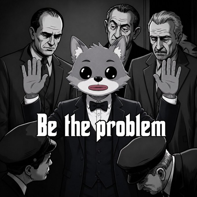 The image shows a cute cartoon husky pup in a tuxedo raising both paws, surrounded by stern men in suits who appear to be backing him up, with the text "Be the problem" displayed prominently. The caption "The only alpha" reinforces the image's playful yet defiant message—embracing one's role as the troublemaker with confidence rather than conforming to expectations.