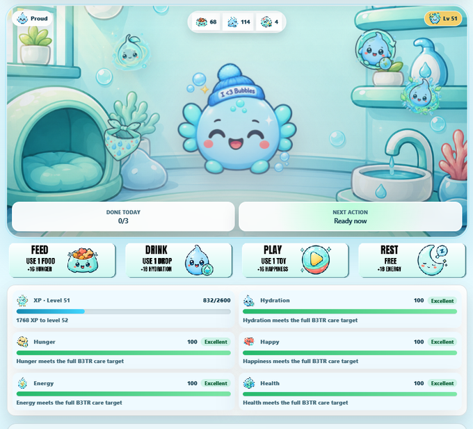A digital pet care interface featuring a cute blue water droplet mascot wearing a beanie that says 'I <3 Bubbles,' with action buttons (Feed, Drink, Play, Rest) and stats showing XP Level 51 (832/2600), Hydration, Hunger, Energy, Happy, and Health all at 100 Excellent.