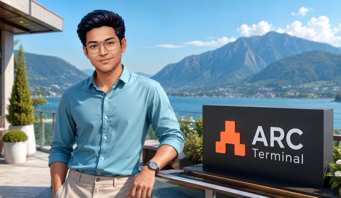 Stylized image of a young man with glasses standing beside an "ARC Terminal" sign, with a scenic mountain and lake landscape in the background.