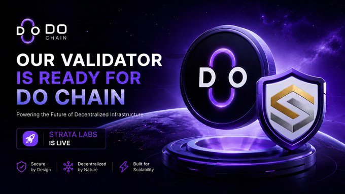 A promotional graphic for 'DO CHAIN' features purple branding, a 'DO' coin on a pedestal, a shield icon, and text reading 'OUR VALIDATOR IS READY FOR DO CHAIN' and 'STRATA LABS IS LIVE'.