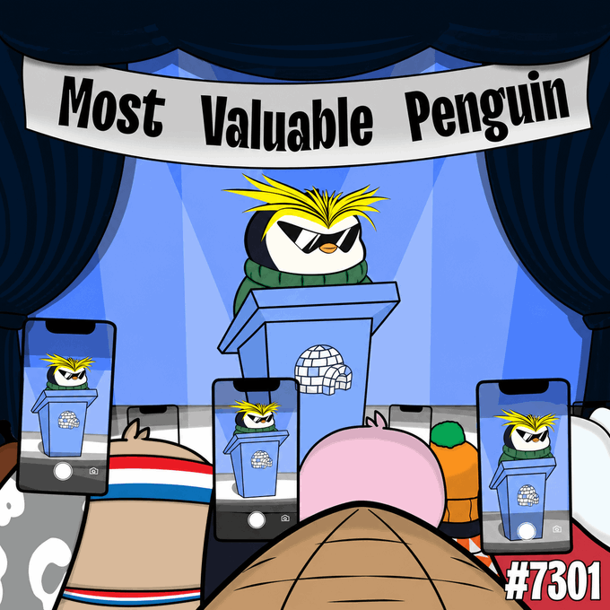 A cartoon illustration titled 'Most Valuable Penguin' depicts a penguin with spiky yellow hair wearing sunglasses and a green scarf, standing at a podium with an igloo logo, while other penguins record the scene on smartphones.