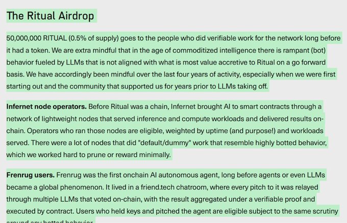 The image presents a section from Ritual's tokenomics announcement titled "The Ritual Airdrop," which details the allocation of 50,000,000 RITUAL (0.5% of the 10B supply) to early contributors, specifically recognizing internet node operators and Frenrug users who supported the network prior to the rise of LLMs. The text emphasizes their effort to distinguish legitimate, value-additive activity from bot-driven behavior, rewarding participants based on uptime, workloads served, and verifiable engagement with their onchain AI agent.