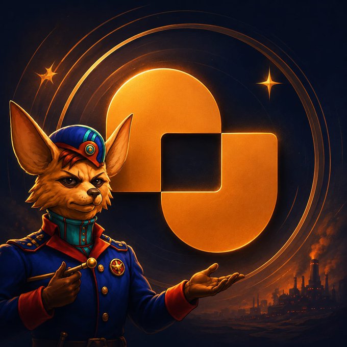 Digital artwork featuring an anthropomorphic fox character in an ornate blue military-style uniform gesturing toward a glowing golden geometric logo against a starry backdrop with an industrial cityscape.