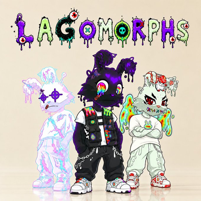 The image features three cartoon rabbits standing next to each other, with one of them wearing a black vest and holding a gun. The background of the image has a white color with purple and green elements, giving it an artistic and visually appealing look. The text "LAGOMORPHS" is written in a large font at the top of the image, indicating that this is part of a collection or series related to lagomorphs.