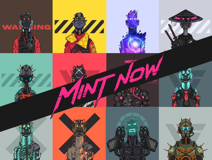 A promotional collage of cyberpunk-style cyborg and android characters arranged in a grid, overlaid with the text 'MINT NOW' and a 'WARNING' sign.