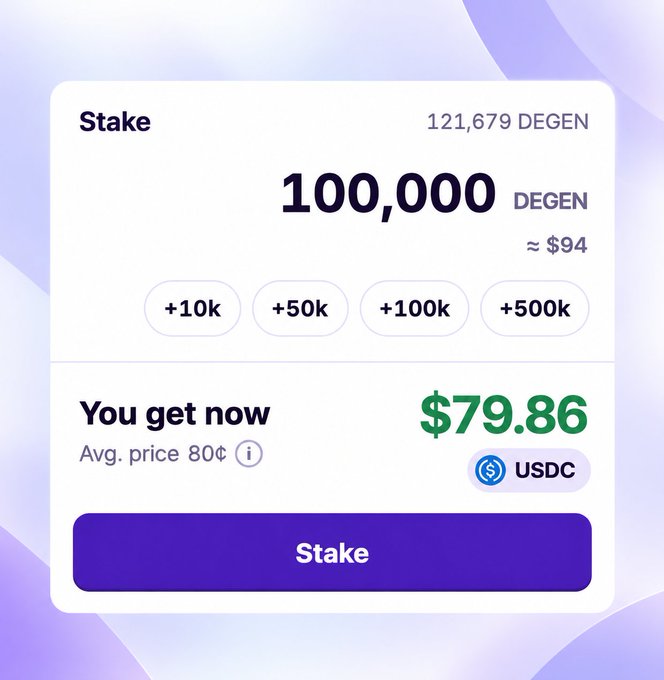A staking interface on yeetr.fun shows a user staking 100,000 DEGEN (≈$94) with an average price of 80¢, receiving $79.86 USDC upfront—the example illustrating the post's explanation of the prediction market where stakers keep $80 regardless of outcome and recover their DEGEN if Friday's close lands below $0.000953.