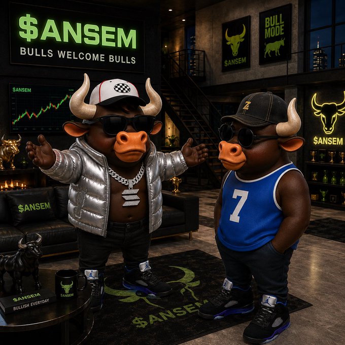 Two cartoon bull mascots pose in a sleek, modern "bull house" lounge featuring prominent "$ANSEM" branding with the tagline "BULLS WELCOME BULLS," along with "BULL MODE $ANSEM" neon signs and a trading chart in the background. The newly welcomed roommate bull wears a blue jersey with the number 7 and sunglasses, fitting the post's announcement that he's been "picked up by diamond hands" and won't be returning to Magic Eden.