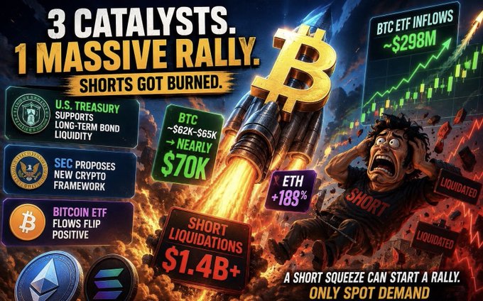 A crypto market graphic titled '3 CATALYSTS. 1 MASSIVE RALLY. SHORTS GOT BURNED' showing Bitcoin rocketing on a rocket with price projections of $62K-$65K to nearly $70K, ETH +18%, and short liquidations over $1.4B, alongside notes on U.S. Treasury support, SEC crypto framework, and Bitcoin ETF flows.