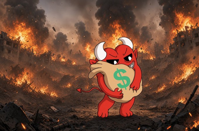 A cartoon red devil clutches a bag of money with a dollar sign amid a fiery, apocalyptic wasteland.
