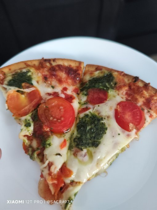 Two slices of pizza topped with melted cheese, tomato slices, and green pesto or spinach, served on a white plate.