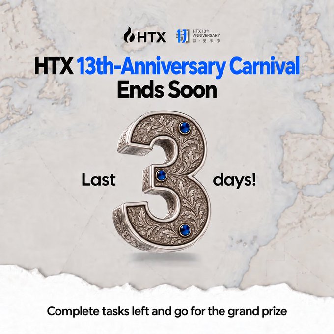 A promotional graphic for the HTX 13th-Anniversary Carnival announcing that only 3 days remain to complete tasks and win the grand prize, featuring a large ornate silver "3" embellished with blue gemstones against a marble background, alongside the HTX logo and the hashtag "#HTX13thAnniversary."