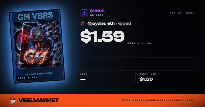 A digital card marketplace listing shows a 'GM VBRS' rare card sold for $1.59 by '@jayabs_eth' dated 'SEP 24, 2020' on the VibeMarket platform.