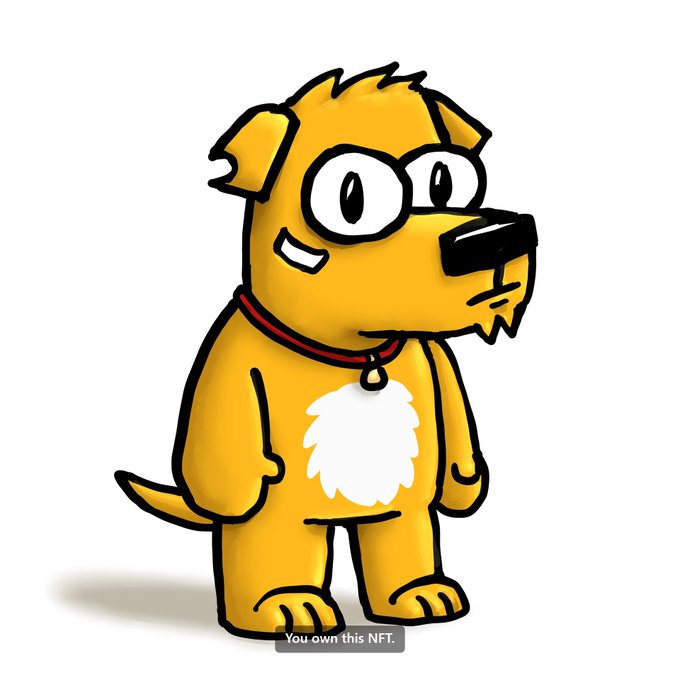 A cartoon yellow dog NFT character with a red collar, black nose, and white chest patch stands on a white background with text reading 'You own this NFT.'