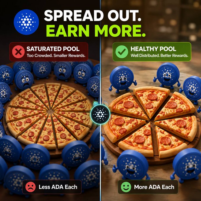 An educational graphic for Cardano (ADA) staking titled 'SPREAD OUT. EARN MORE.', contrasting a 'SATURATED POOL' with a 'HEALTHY POOL' using an analogy of pepperoni pizzas being divided among many characters.