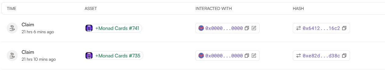 Transaction history showing two recent Claim entries for '+Monad Cards #741' and '+Monad Cards #735' with wallet addresses and hash details.