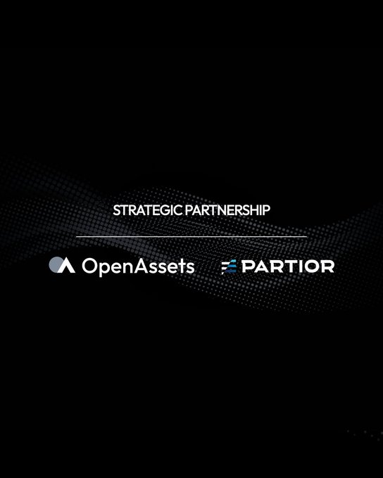 The image displays a sleek black graphic announcing a "STRATEGIC PARTNERSHIP" between OpenAssets and PARTIOR, with both company logos featured prominently against a flowing wave-pattern background. This visual reinforces the accompanying post's announcement of their collaboration to develop atomic delivery-versus-payment solutions for digital assets, stablecoins, and tokenized deposits.