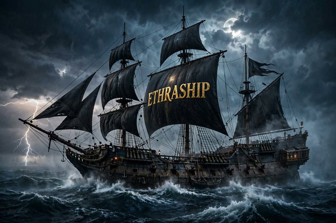 A dark, dramatic pirate ship called the "ETHRASHIP" sails through stormy seas under a lightning-filled sky. The image serves as a metaphor for the bold, adventurous spirit of connecting blockchain technology with real-world physical businesses, much like a pirate ship venturing into uncharted and perilous waters.