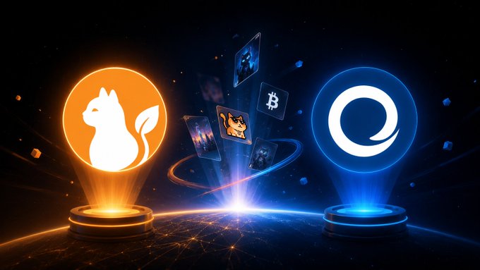 A digital illustration showing two glowing holographic icons — an orange circle with a white fox/cat-like logo and a blue circle with a white swirl logo — with game or app cards and a Bitcoin symbol floating between them.